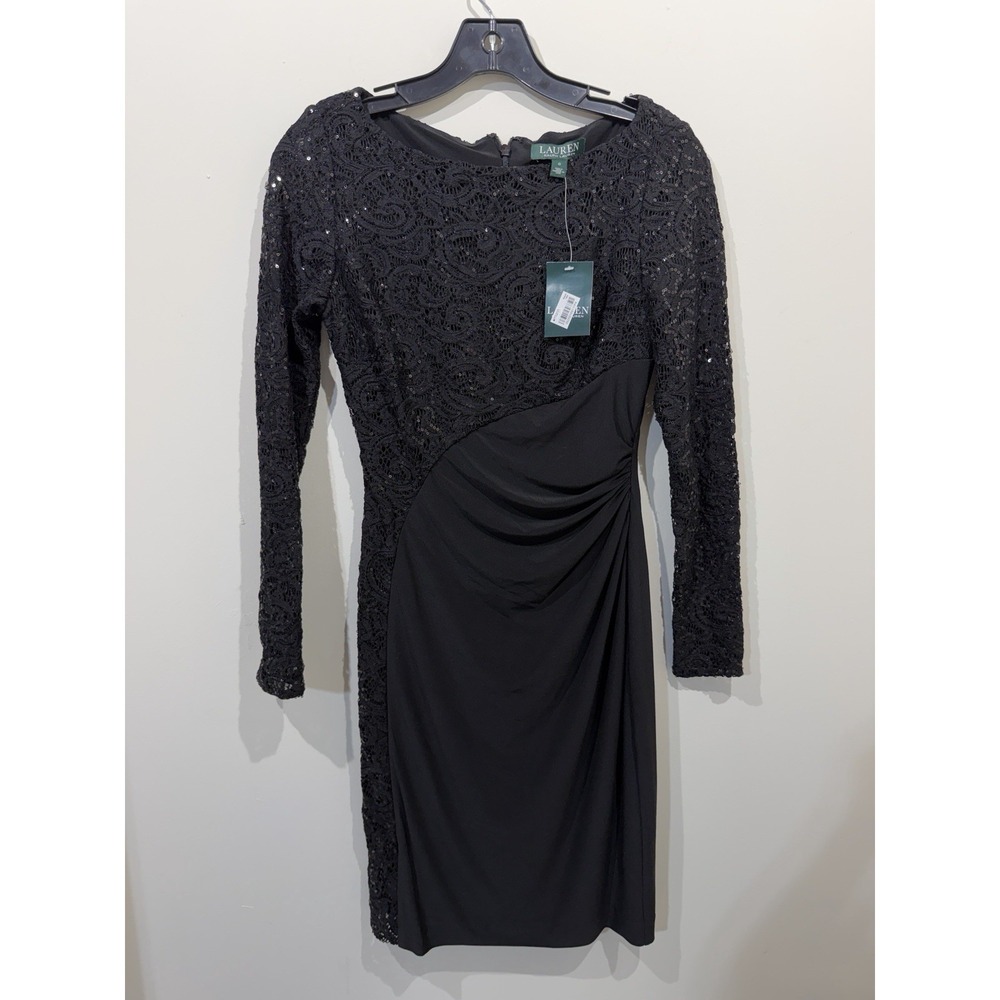 New Lauren Ralph Lauren Black Cocktail Dress Lace Sequin‎ Elegant Party Size 0